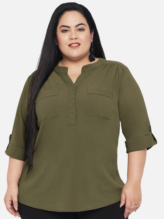 Olive Green Plus Size Patch Pocket Tunic Top