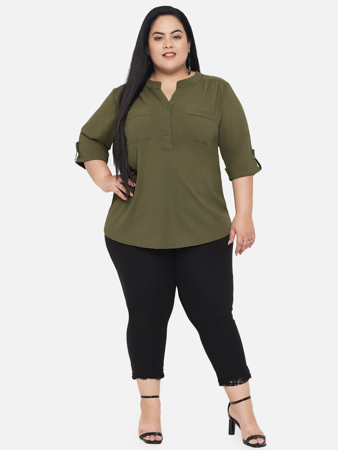 Olive Green Plus Size Patch Pocket Tunic Top