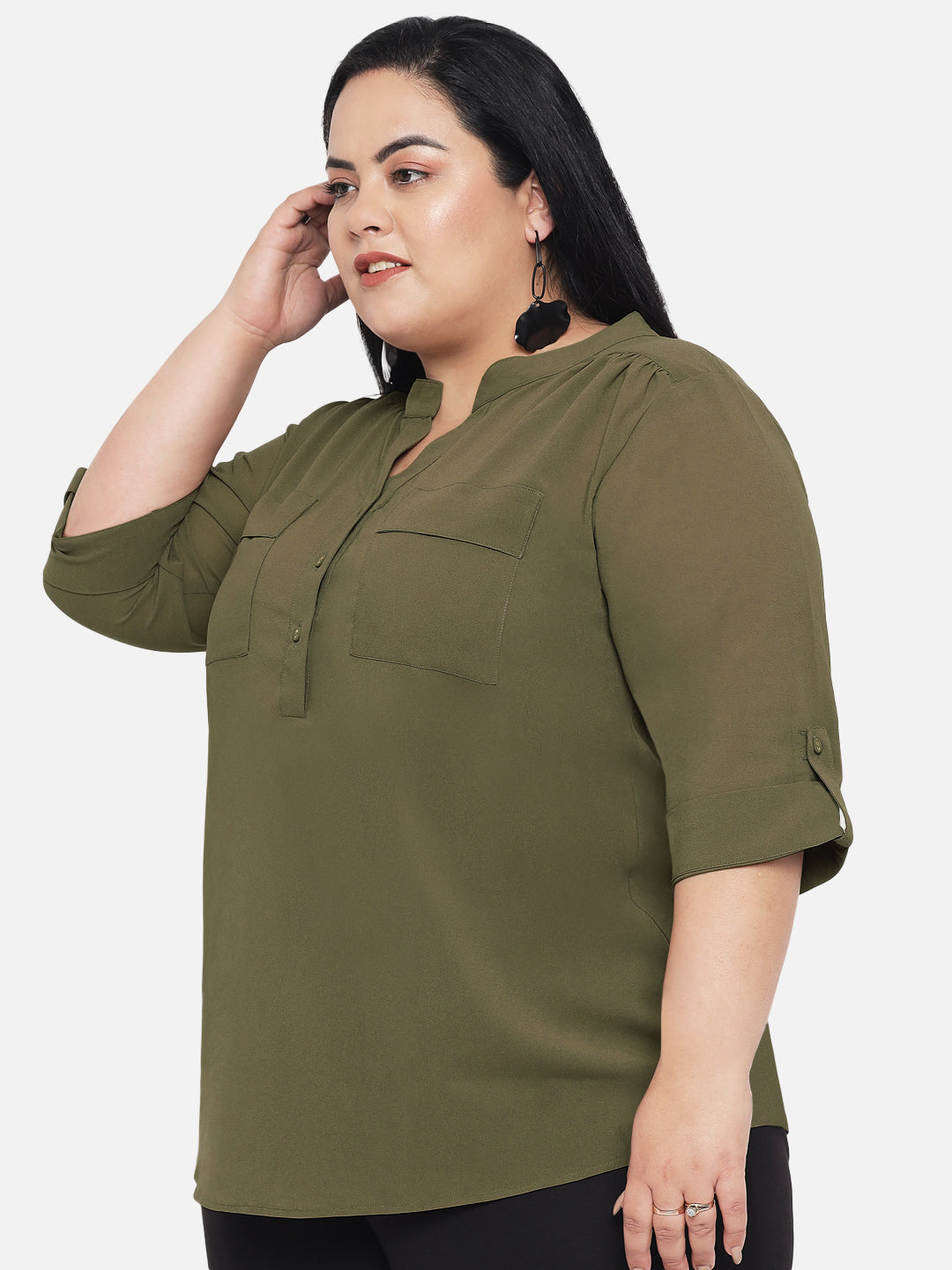 Olive Green Plus Size Patch Pocket Tunic Top