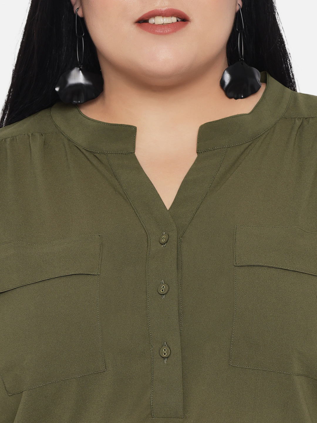 Olive Green Plus Size Patch Pocket Tunic Top