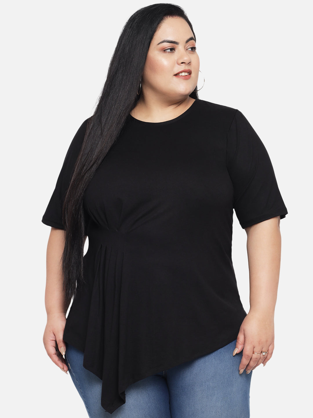 Black Plus Size Pleated Asymmetric Top