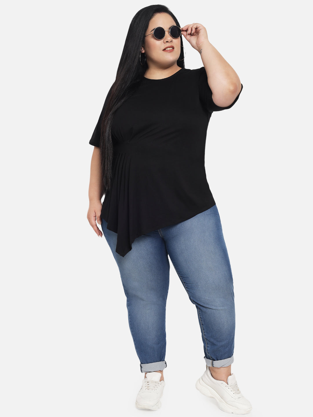 Black Plus Size Pleated Asymmetric Top