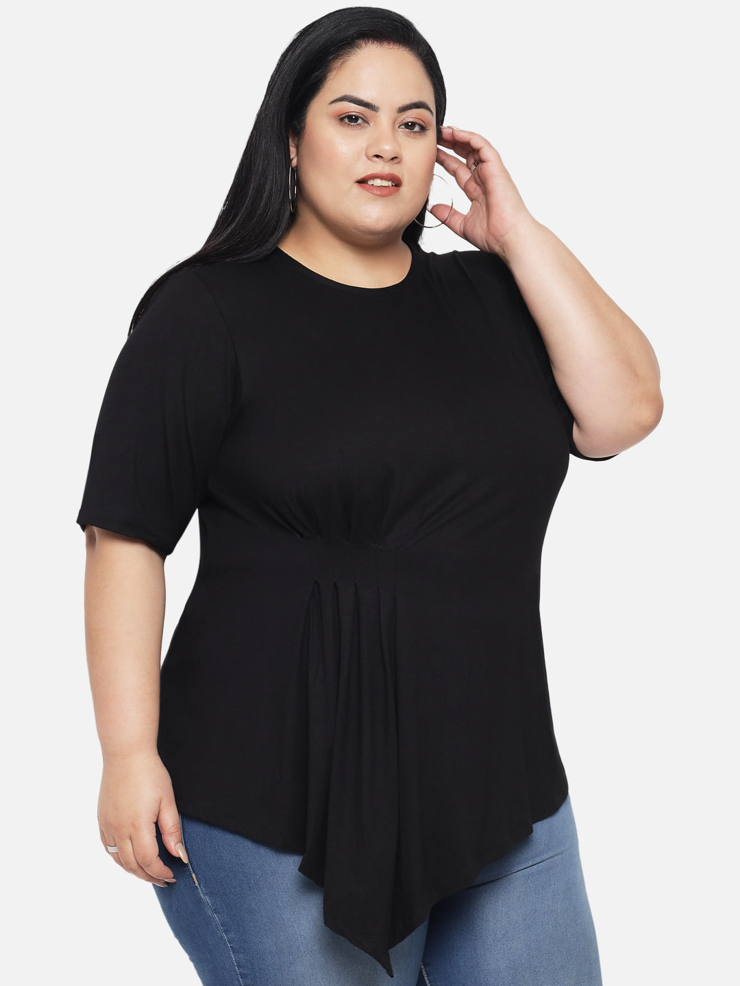 Black Plus Size Pleated Asymmetric Top