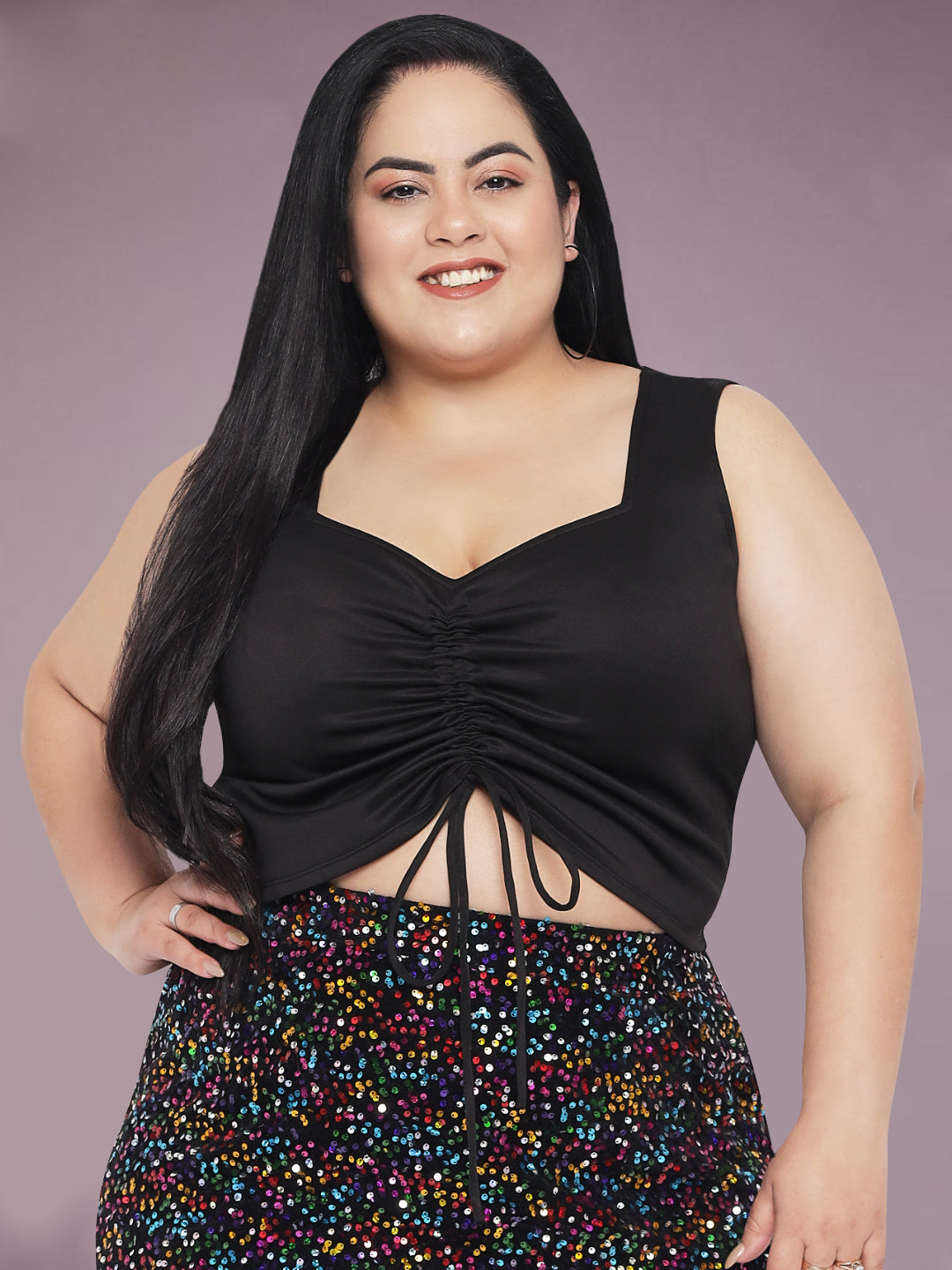 Black Plus Size Ruched Crop Western Top