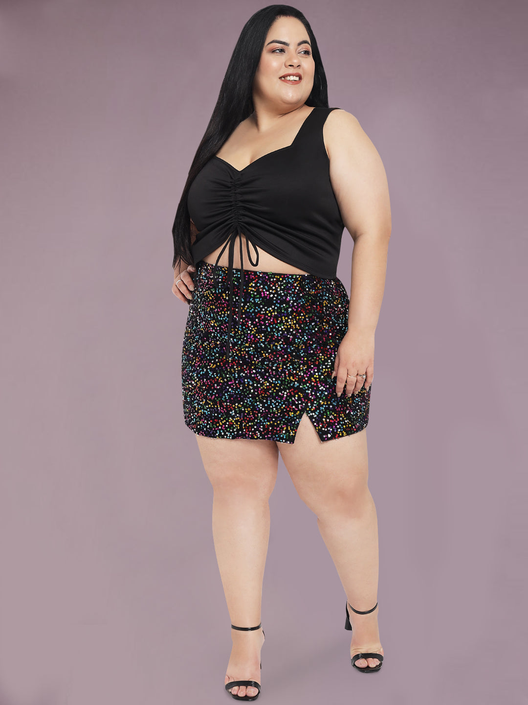Black Plus Size Ruched Crop Western Top