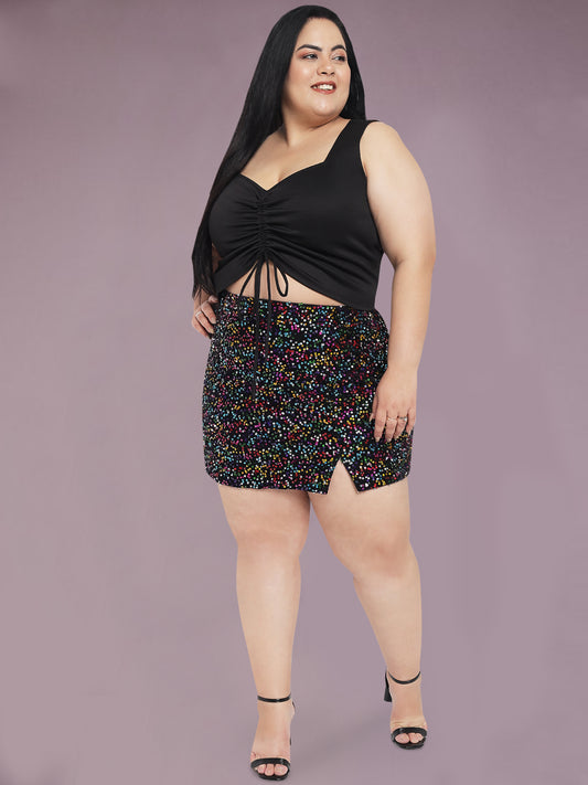 Black Plus Size Ruched Crop Western Top