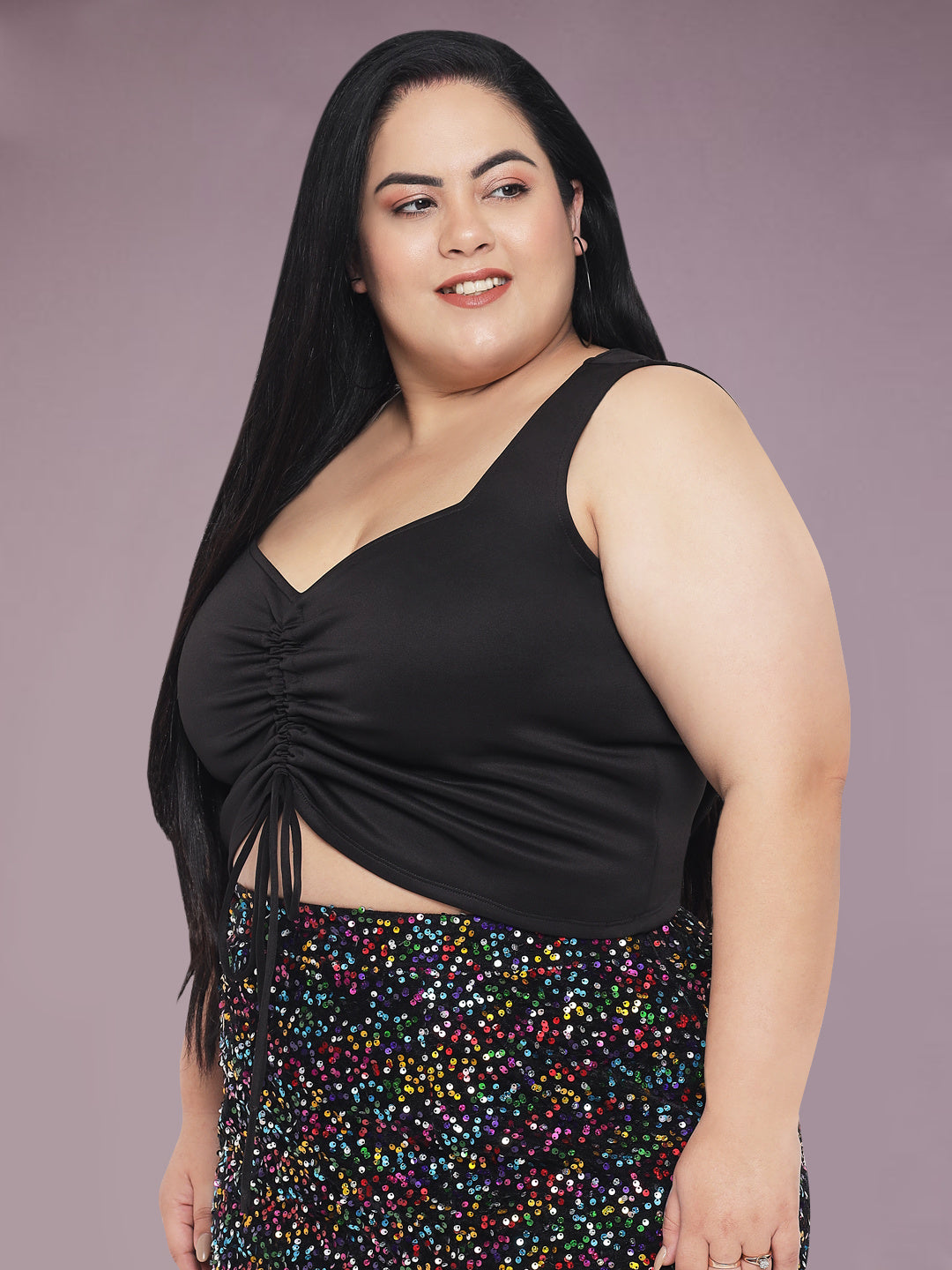 Black Plus Size Ruched Crop Western Top