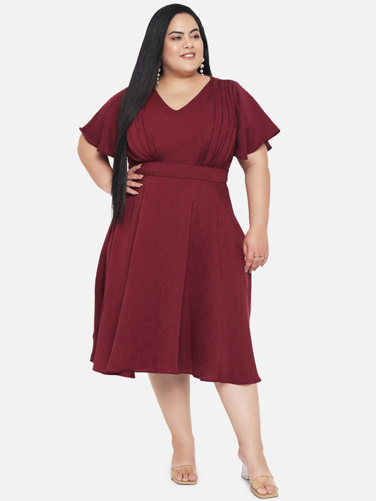 Maroon Plus Size Satin Textured Butterfly Sleeve Dress