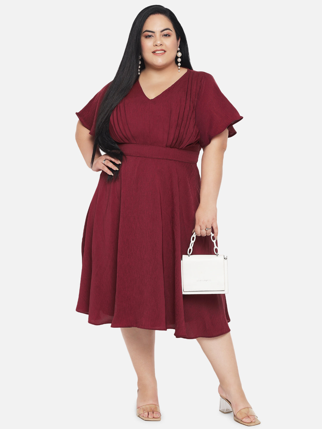 Maroon Plus Size Satin Textured Butterfly Sleeve Dress