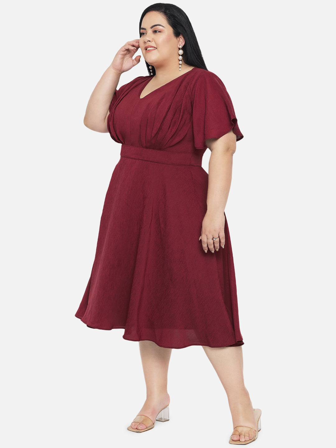 Maroon Plus Size Satin Textured Butterfly Sleeve Dress