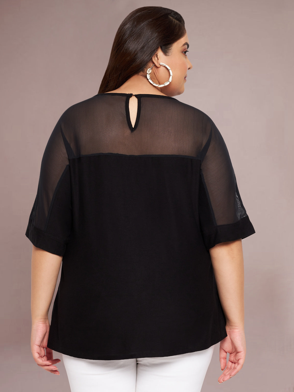 Black Plus Size Net Yoke Tunic Top
