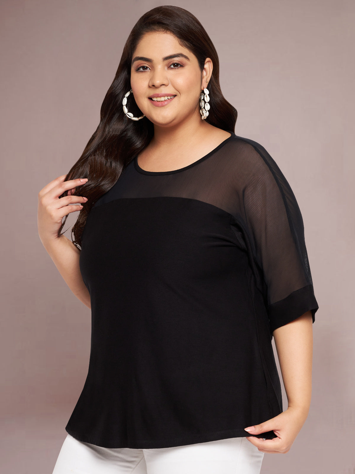 Black Plus Size Net Yoke Tunic Top