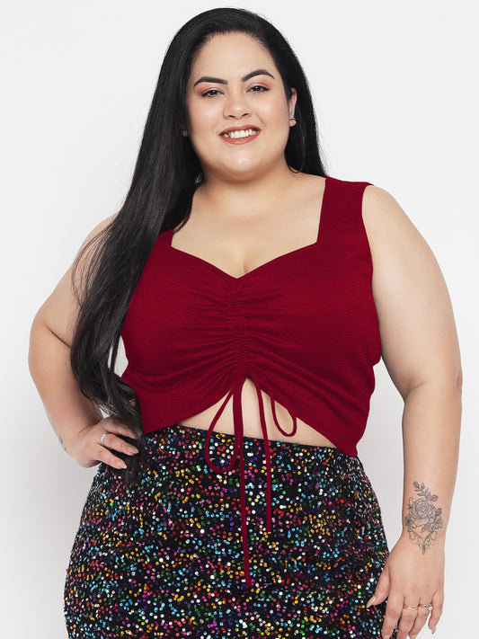 Red Plus Size Drawstring Crop Top
