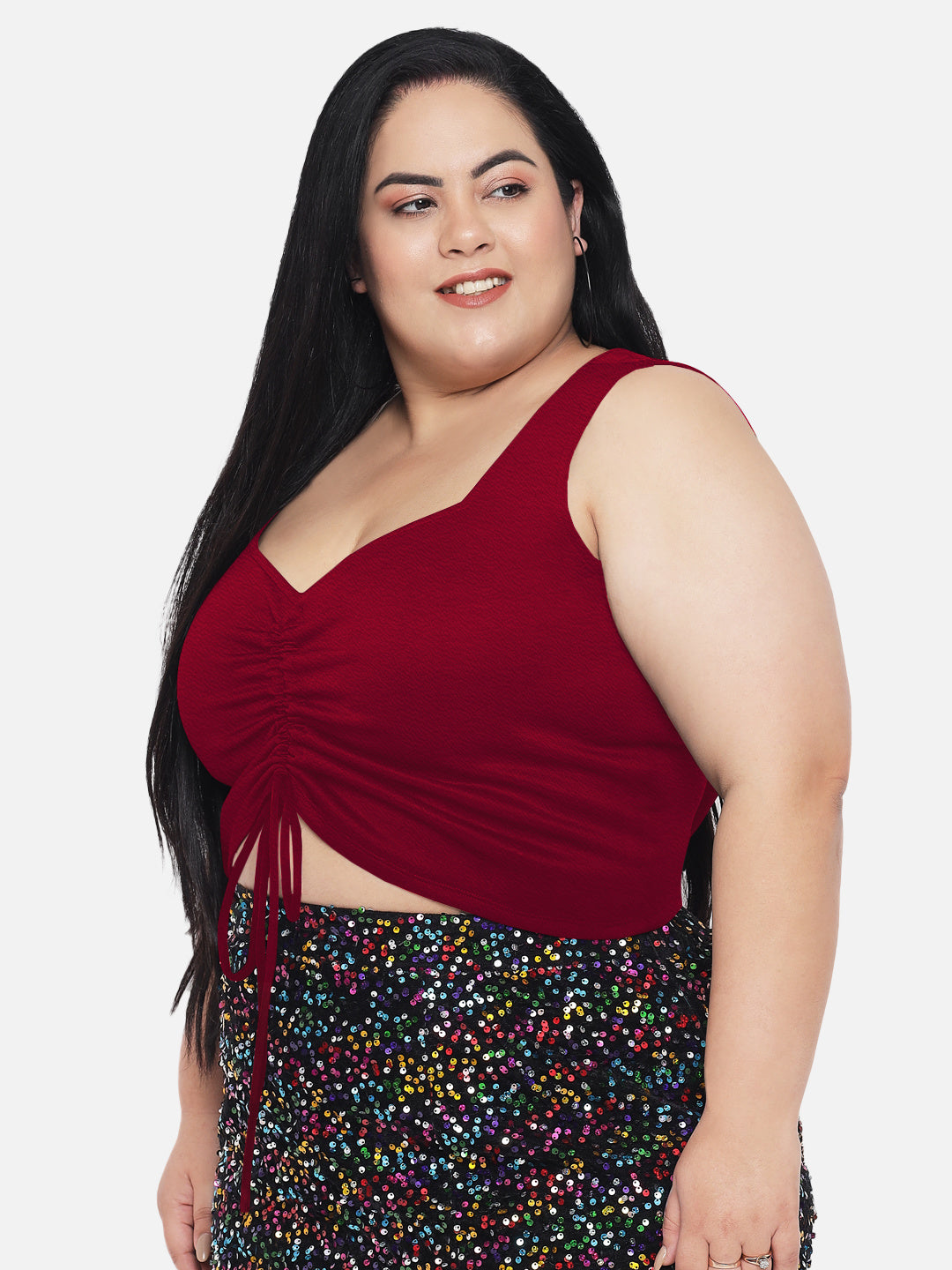 Red Plus Size Drawstring Crop Top