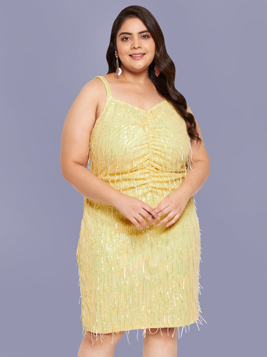 Lemon Yellow Plus Size Hanging Sequin Ruched Dress
