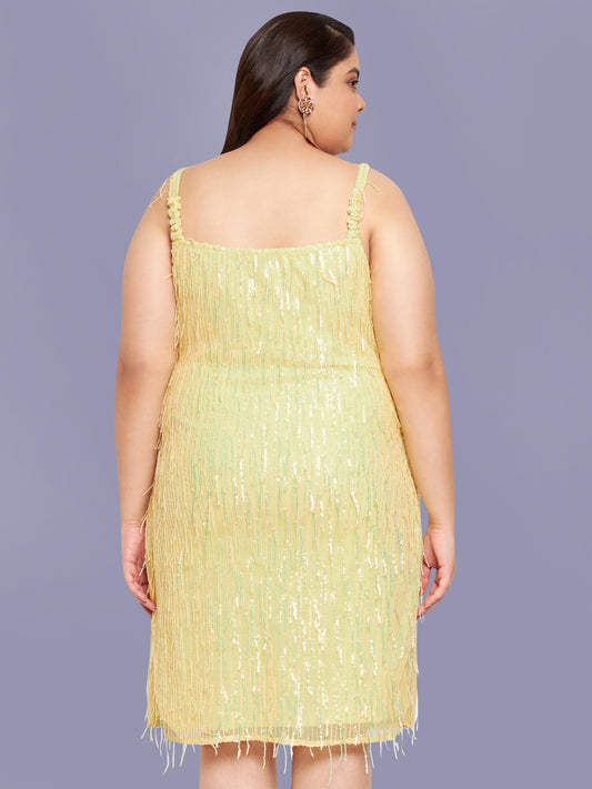 Lemon Yellow Plus Size Hanging Sequin Ruched Dress