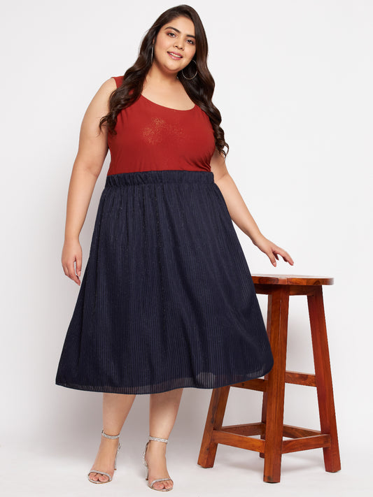 Navy Blue Plus Size Shimmer Midi Skirt