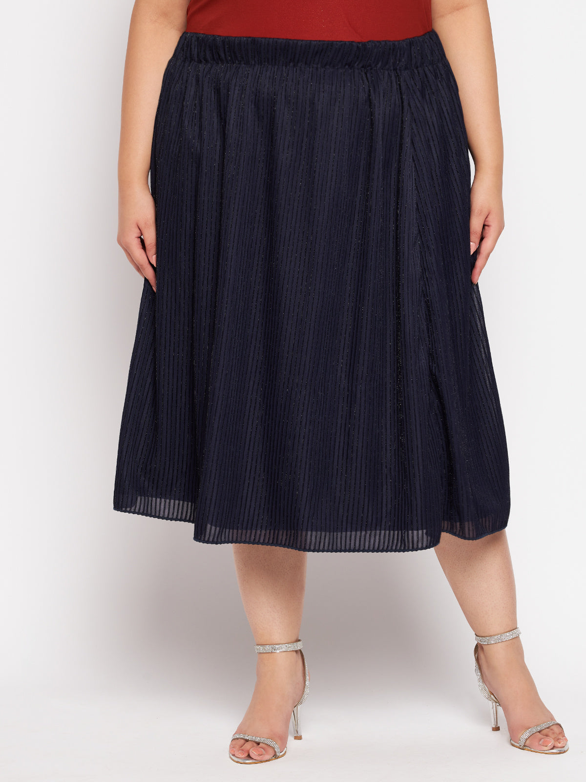 Navy Blue Plus Size Shimmer Midi Skirt