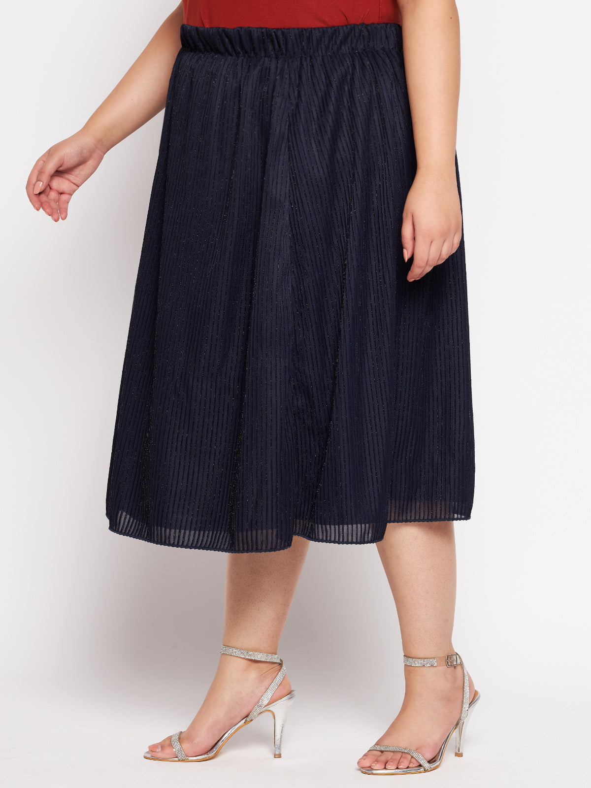 Navy Blue Plus Size Shimmer Midi Skirt