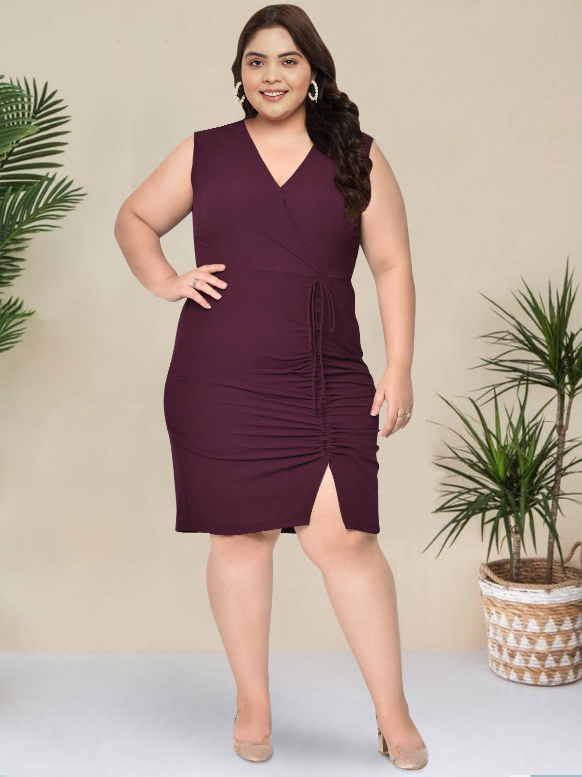 Wine Textured Ruched Front Slit Plus Size Dress