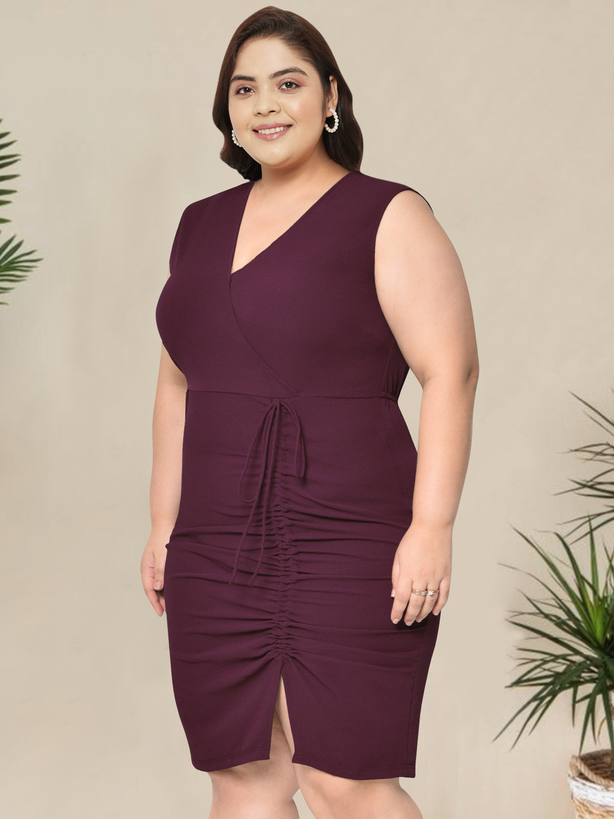 Wine Textured Ruched Front Slit Plus Size Dress