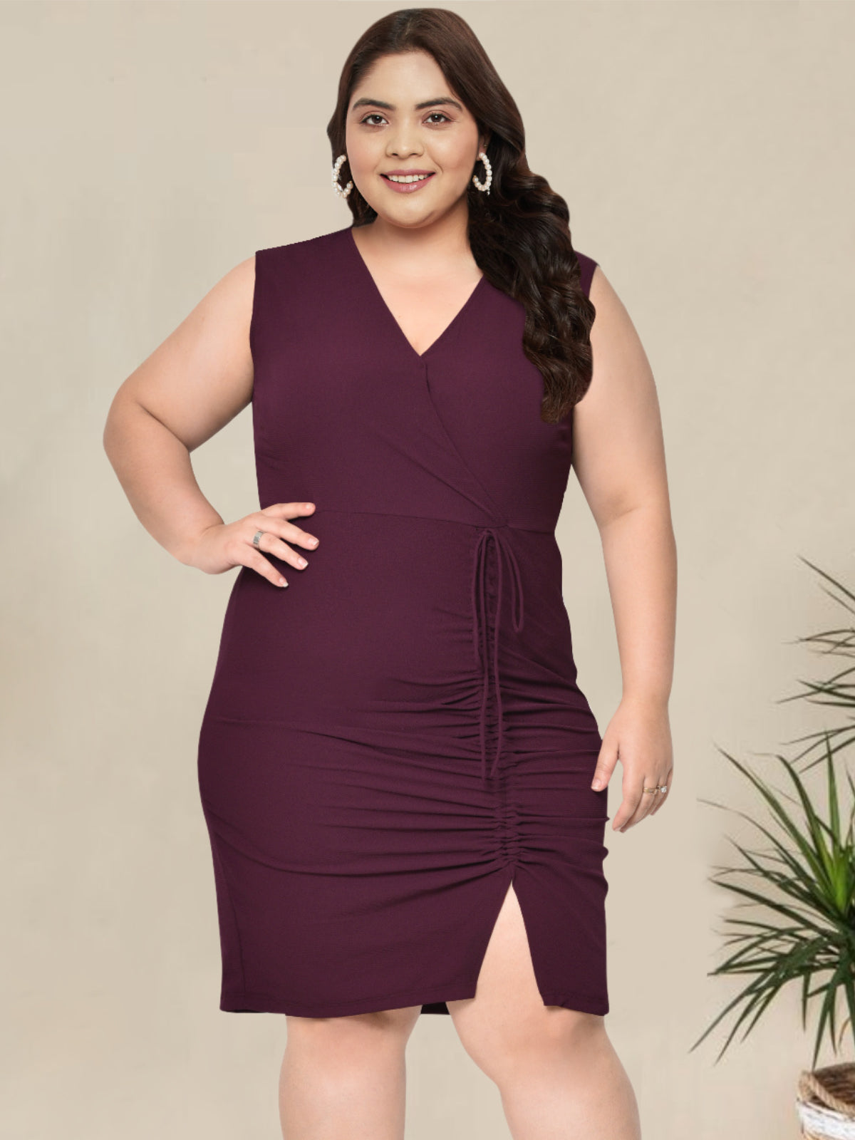 Wine Textured Ruched Front Slit Plus Size Dress