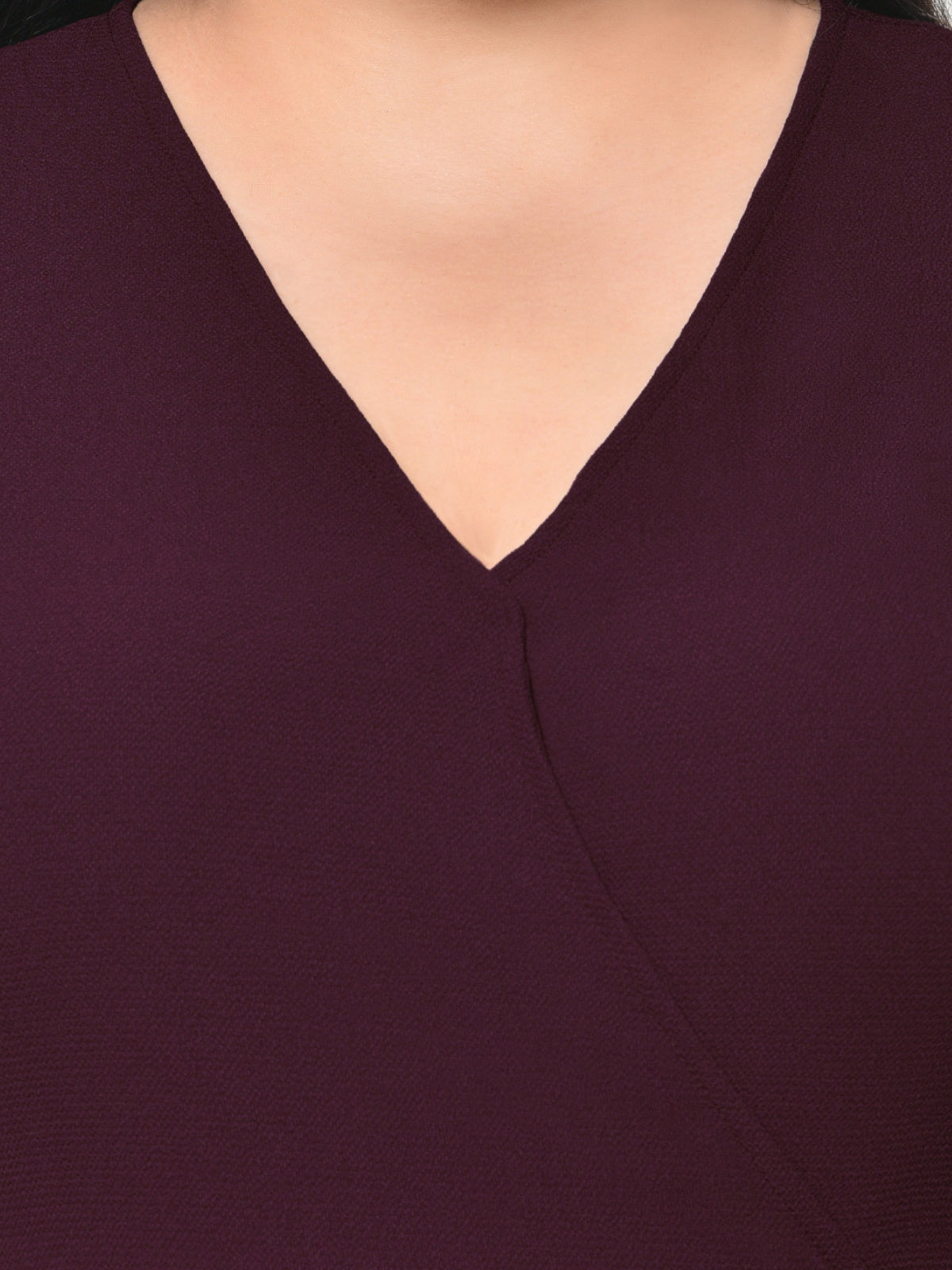 Wine Textured Ruched Front Slit Plus Size Dress