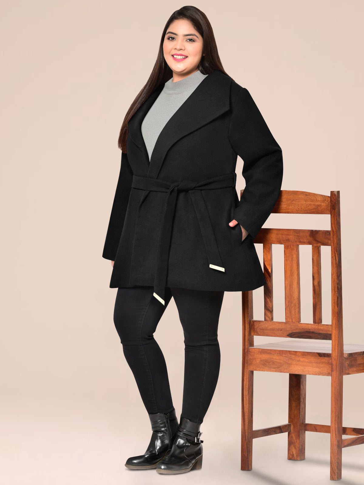Black Plus Size Wide Collar Pure Wool Coat