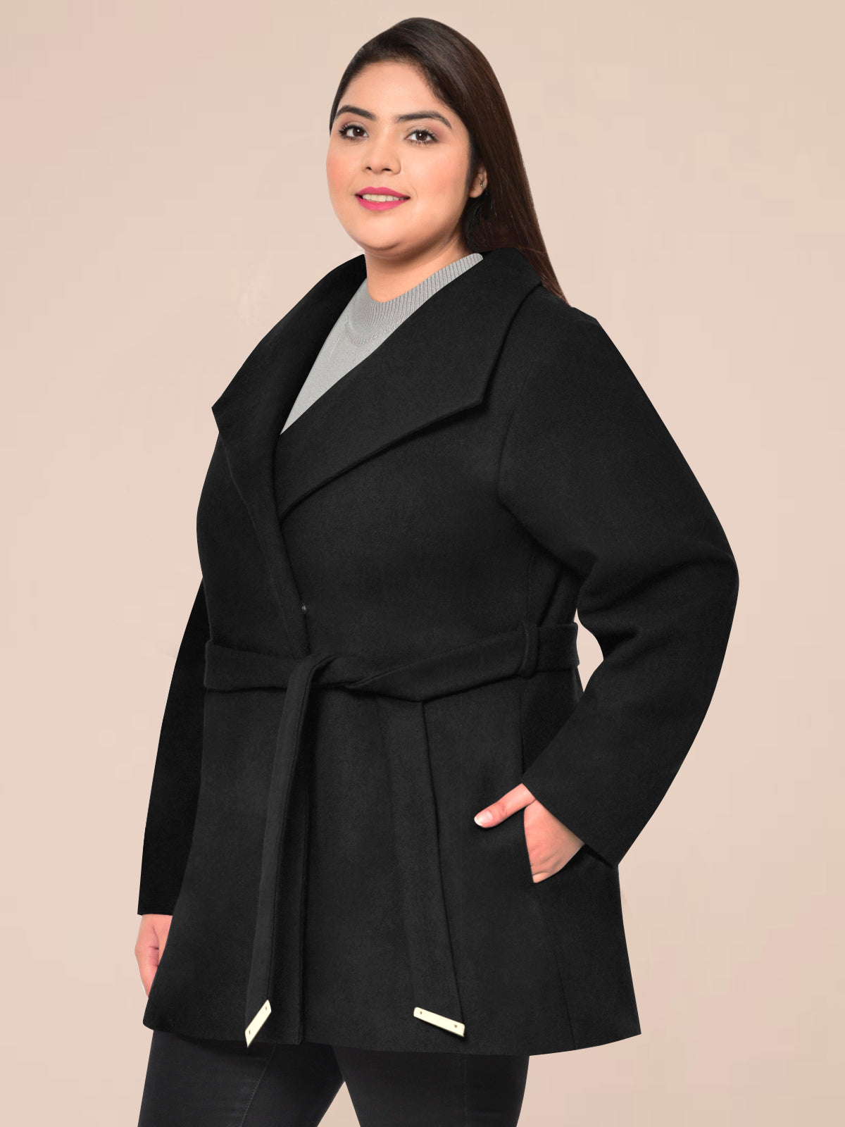 Black Plus Size Wide Collar Pure Wool Coat