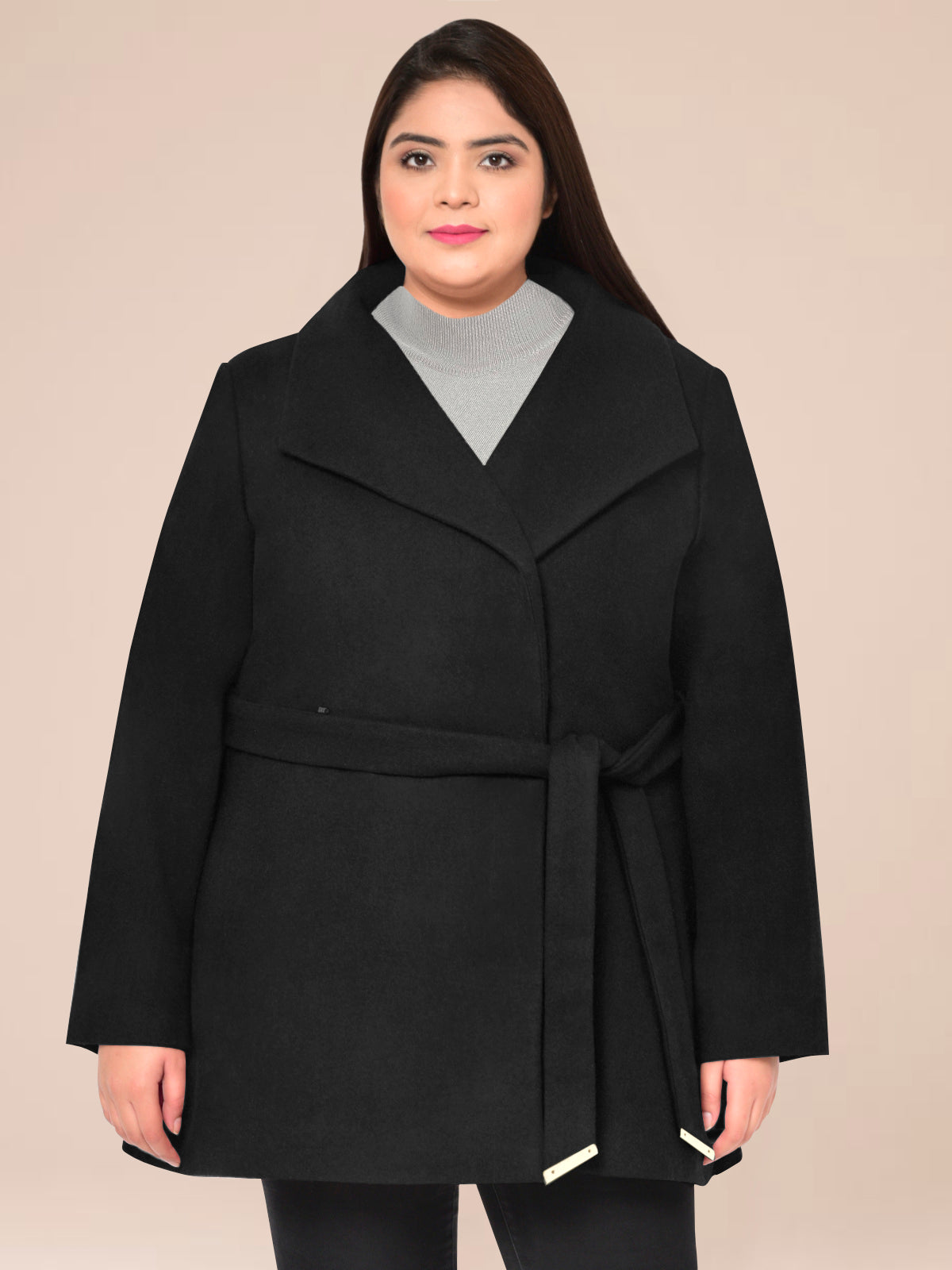 Black Plus Size Wide Collar Pure Wool Coat