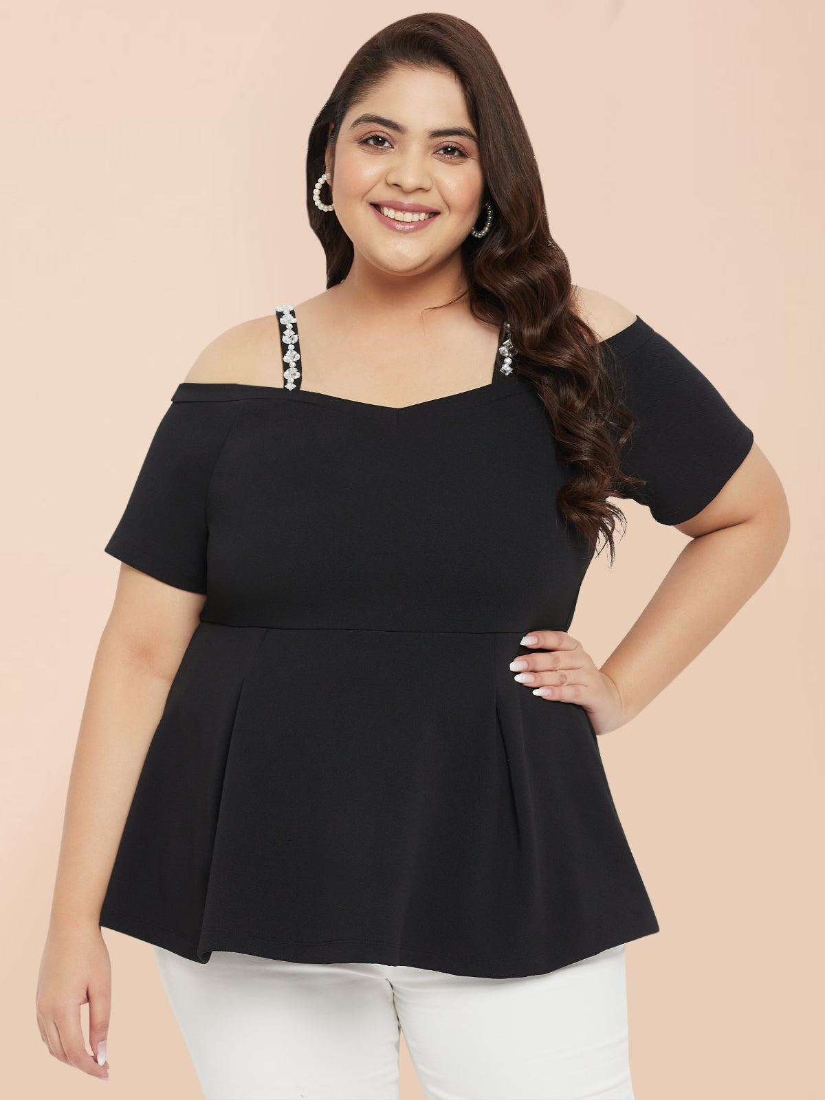 Black Plus Size Embellished Strap Top