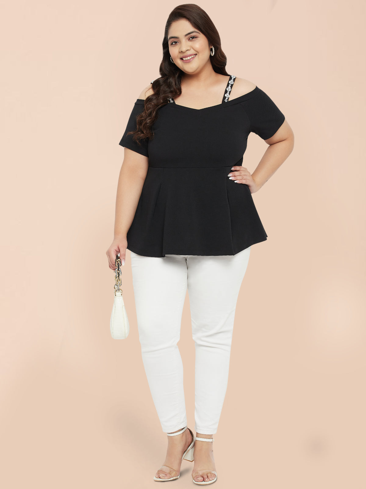 Black Plus Size Embellished Strap Top
