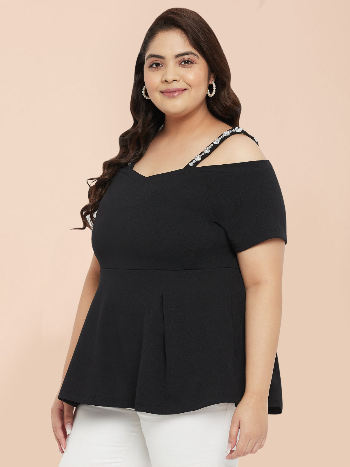 Black Plus Size Embellished Strap Top