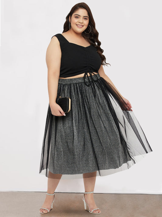Silver Black Plus Size Net Long Skirt