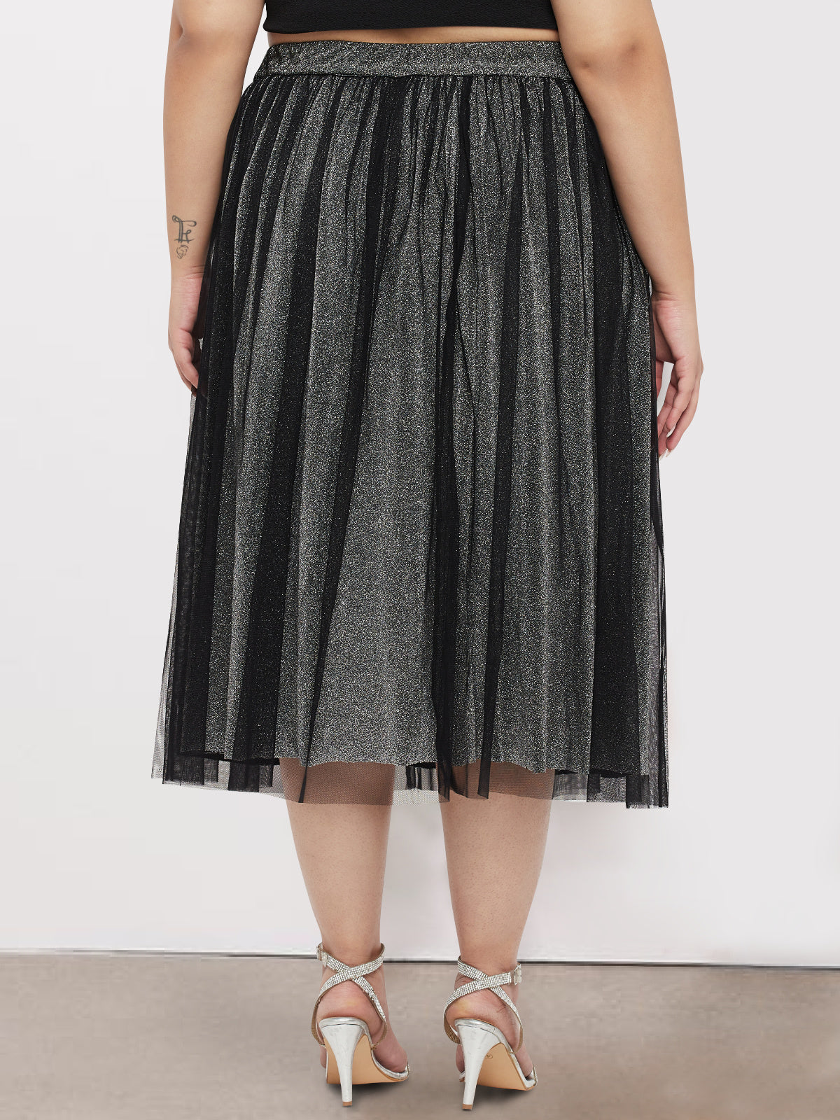 Silver Black Plus Size Net Long Skirt