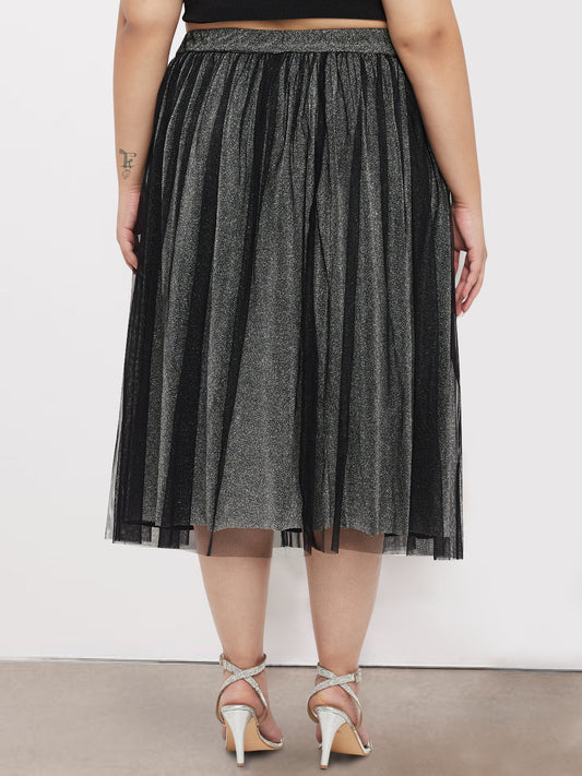 Silver Black Plus Size Net Long Skirt