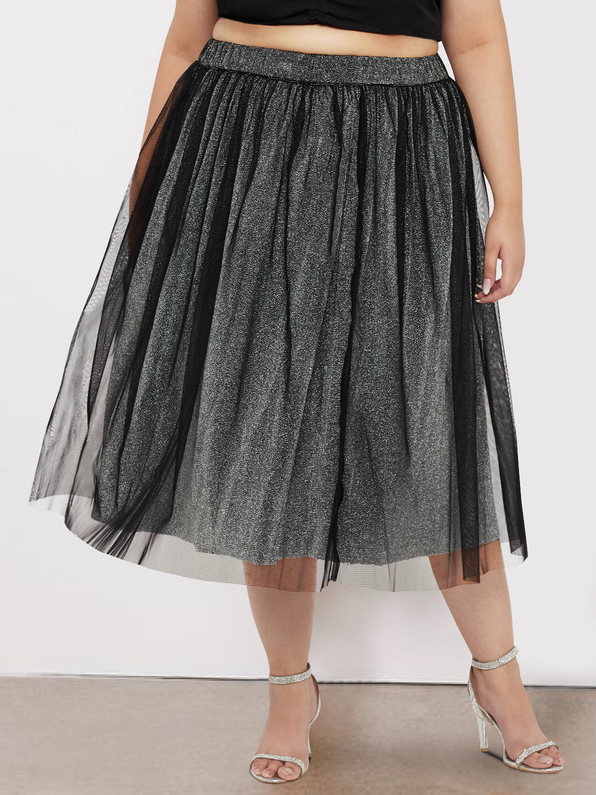 Silver Black Plus Size Net Long Skirt