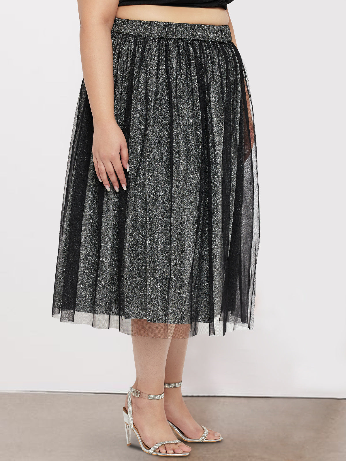 Silver Black Plus Size Net Long Skirt