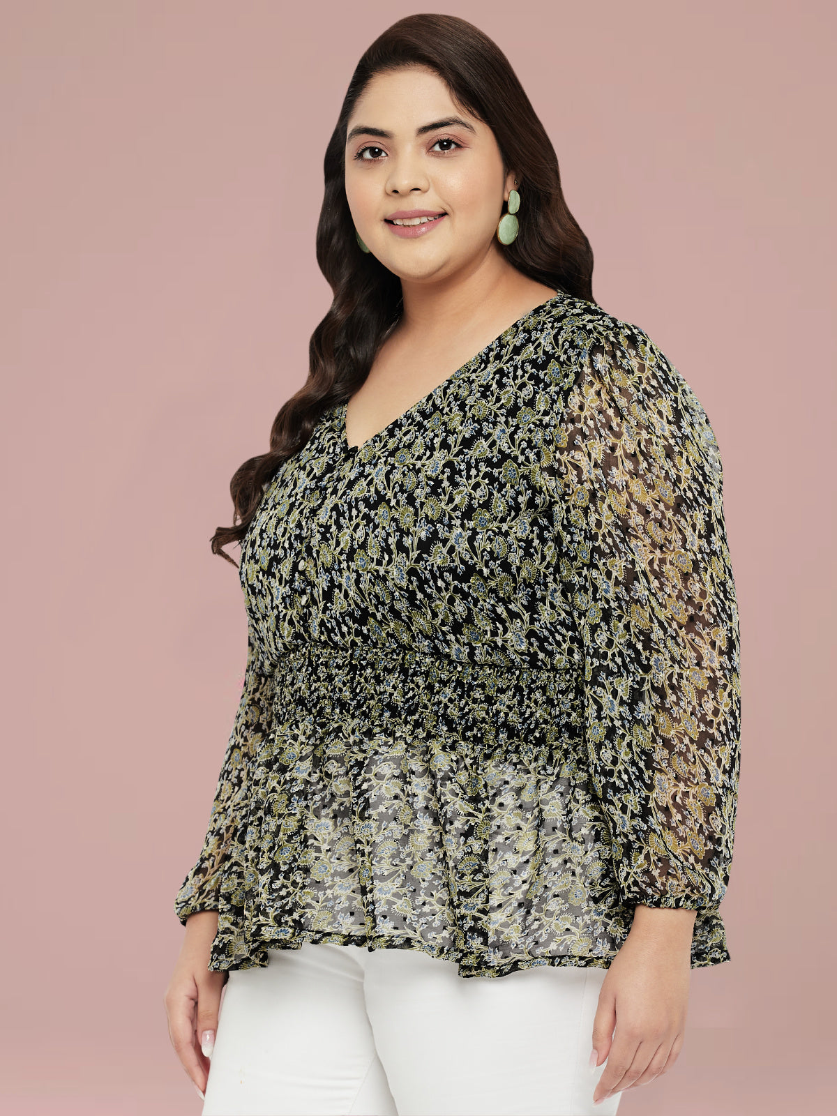 Black Plus Size Dobby Waist Smocked Top