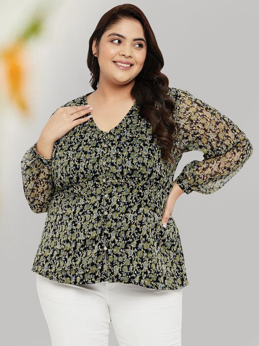 Black Plus Size Dobby Printed Boho Button Top