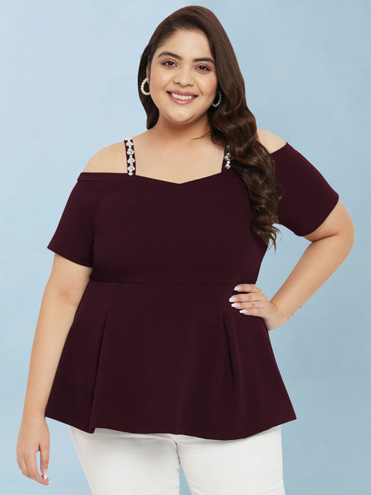 Wine Plus Size Embellished Strap Top