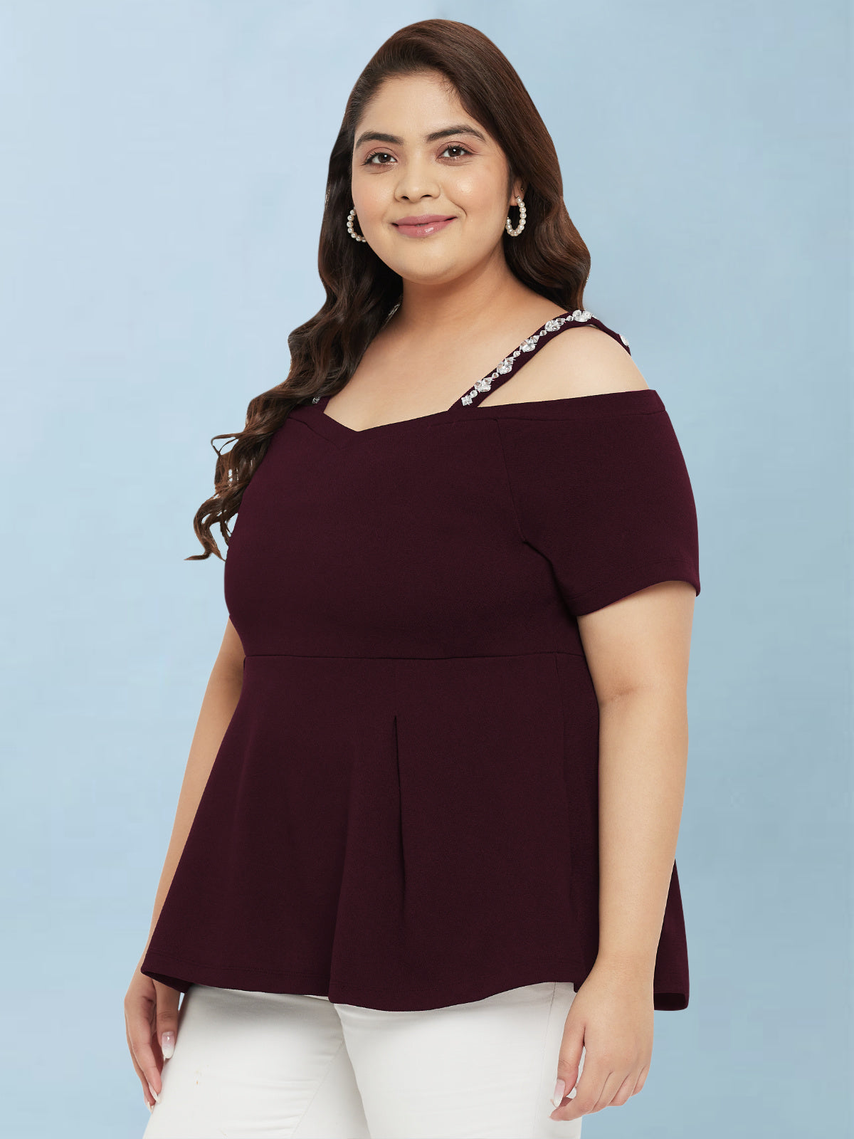 Wine Plus Size Embellished Strap Top