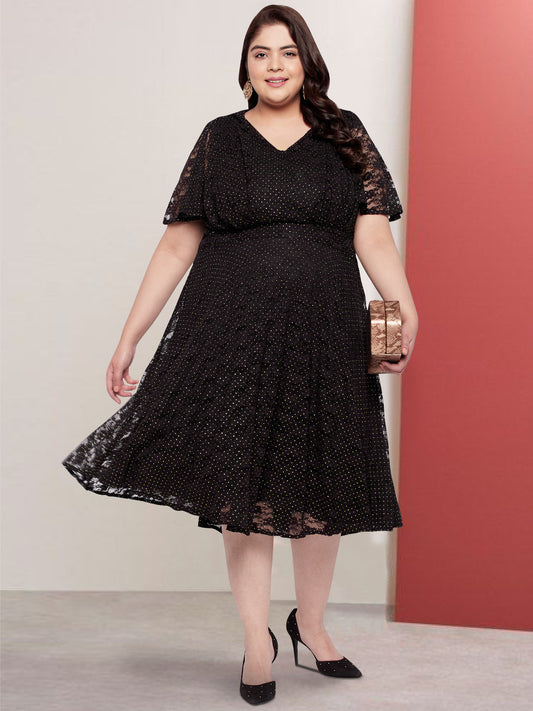 Women Black Plus Size Lace Butterfly Sleeve Dress