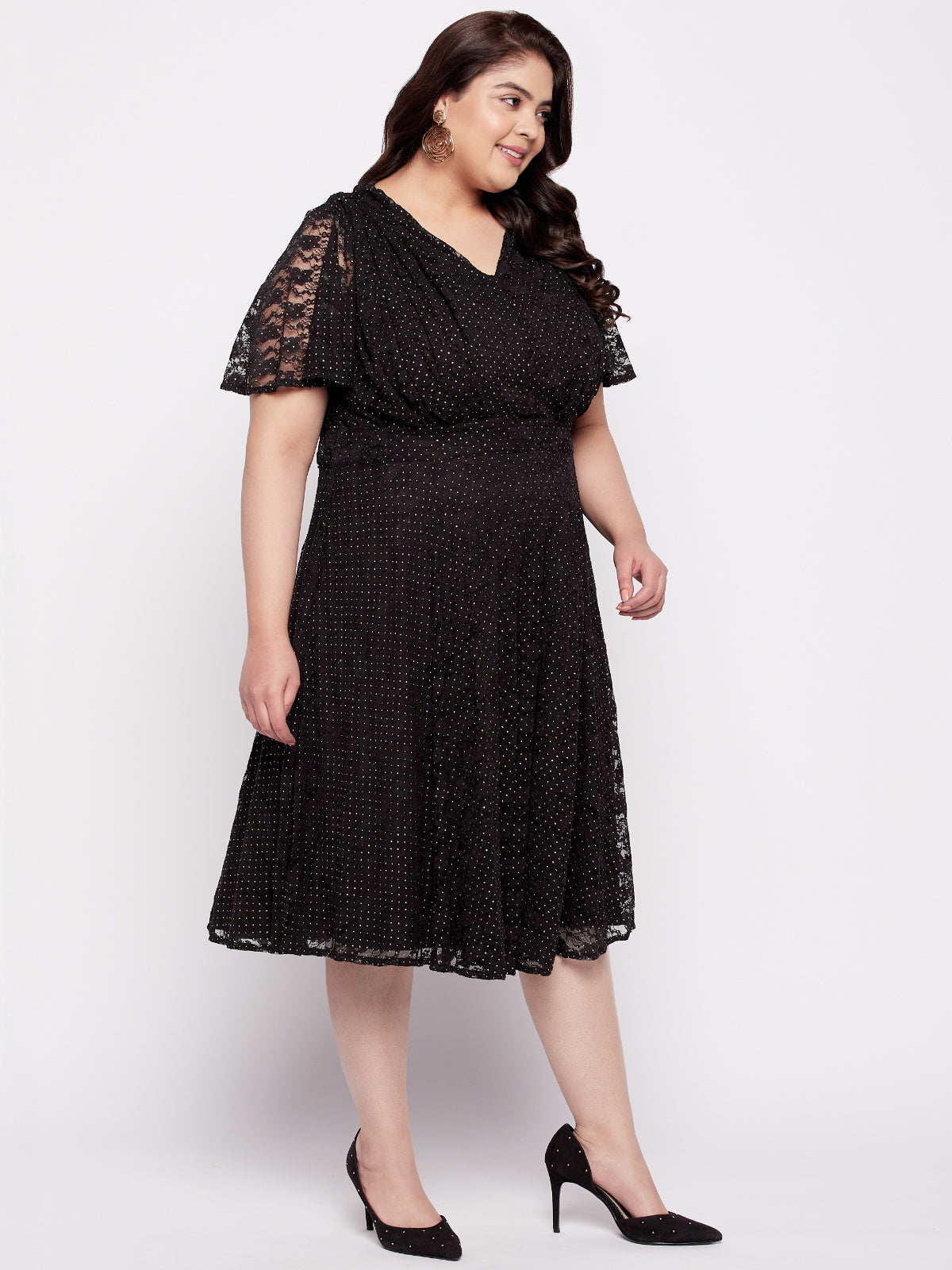 Women Black Plus Size Lace Butterfly Sleeve Dress
