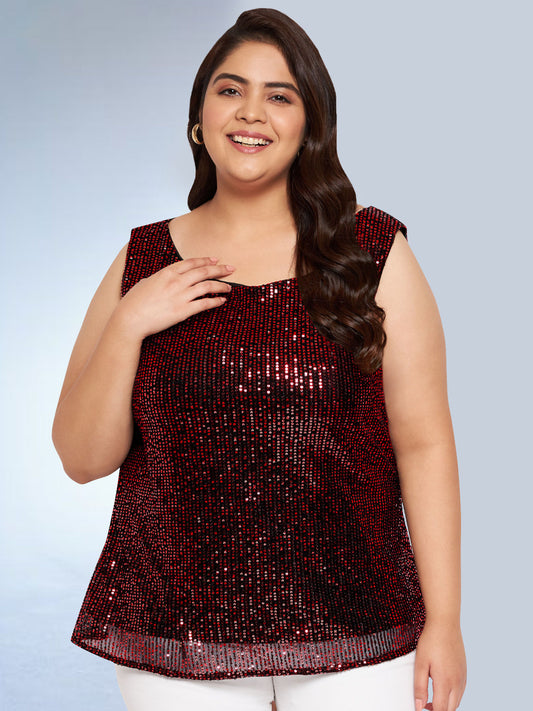 Red Plus Size Sequin A-line Top