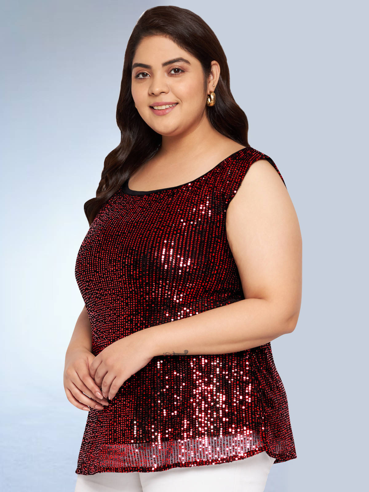 Red Plus Size Sequin A-line Top