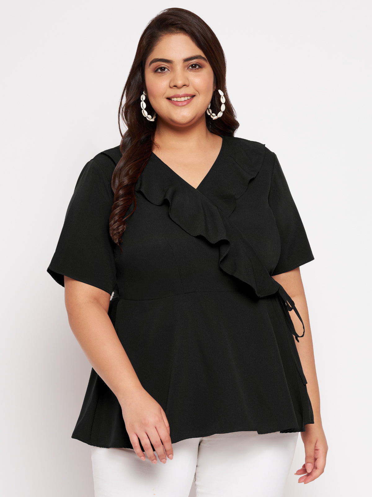 Black Plus Size Ruffle Wrap Peplum Top