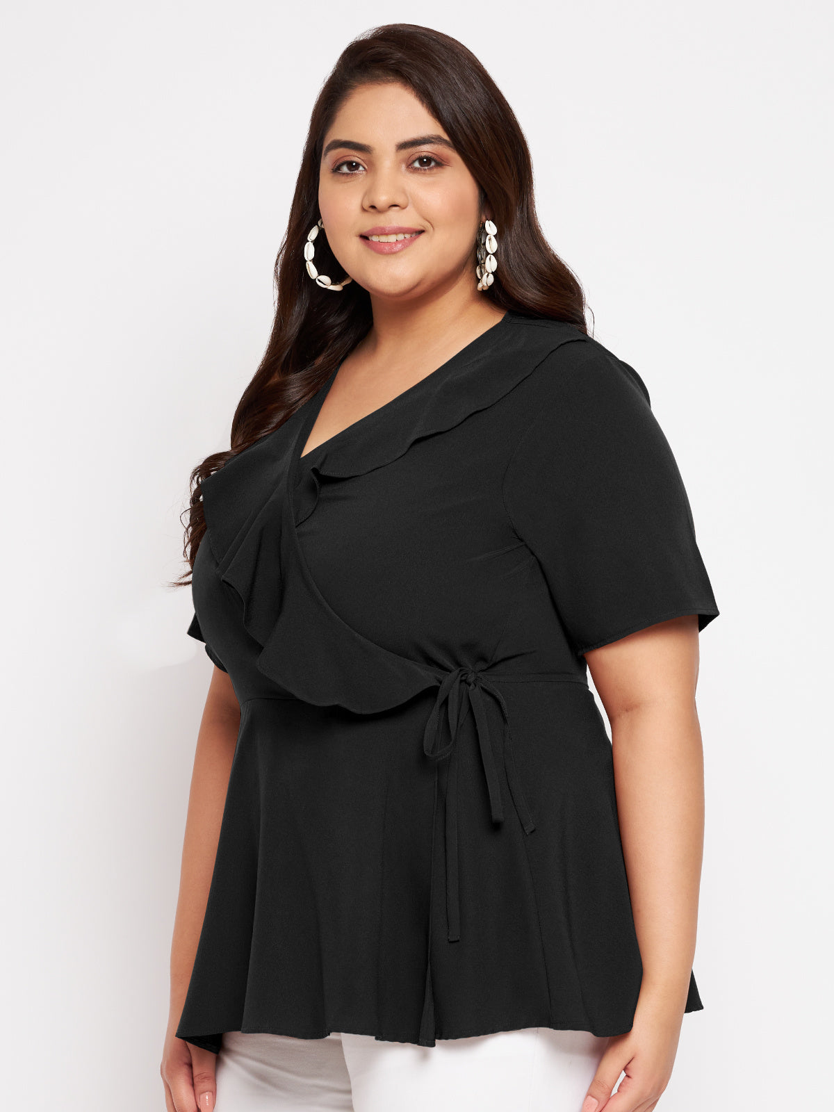 Black Plus Size Ruffle Wrap Peplum Top