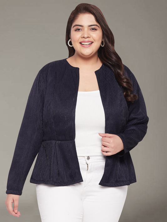 Navy Blue Plus Size Shimmer Front Open Blazer