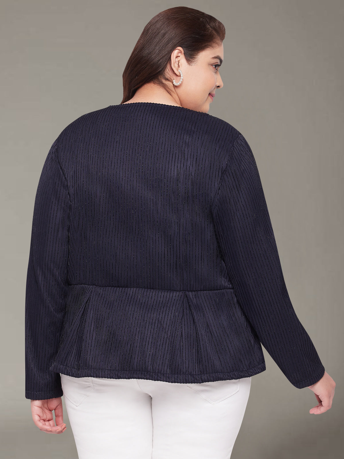 Navy Blue Plus Size Shimmer Front Open Blazer